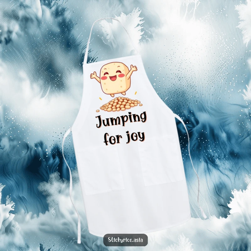 Funny apron featuring a happy sticky rice cake character leaping over beans, perfect for a joyful cooking experience.