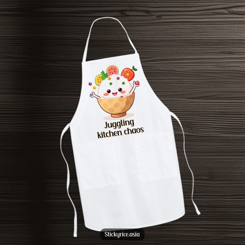 Funny Apron: Jiggly sticky rice bowl with little arms juggling colorful fruit, ideal for humorous and joyful kitchen activities.