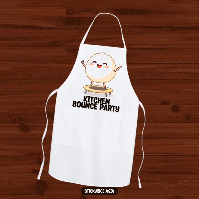 Funny Apron: Smiling sticky rice ball with tiny legs bouncing on a trampoline, ideal for humorous and joyful kitchen activities.