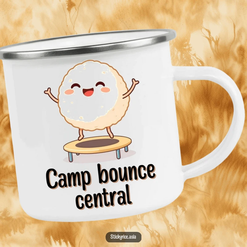 Funny Camping Mug: Smiling sticky rice ball with tiny legs bouncing on a trampoline, evoking humor and outdoor fun.