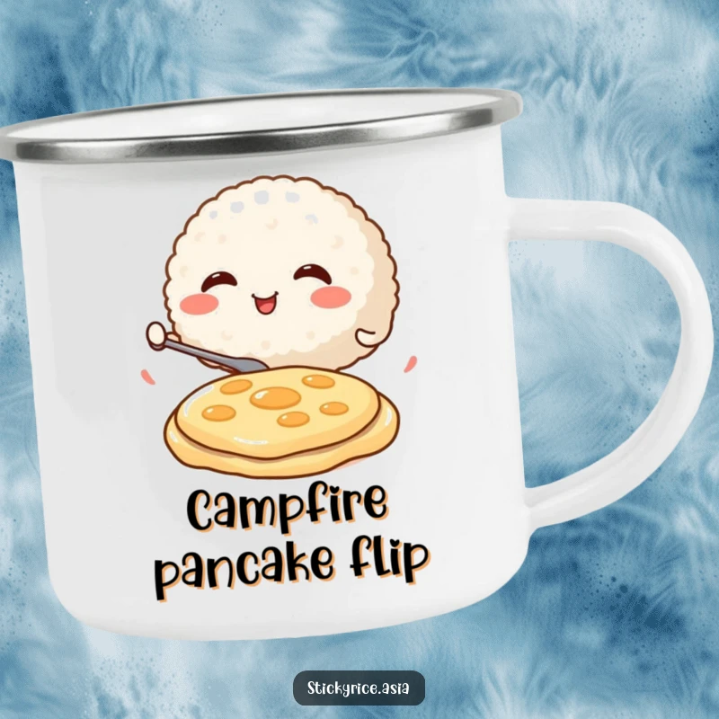 Funny Camping Mug featuring a round, smiling rice ball character enthusiastically flipping a miniature pancake, perfect for sipping coffee with breakfast humor outdoors.