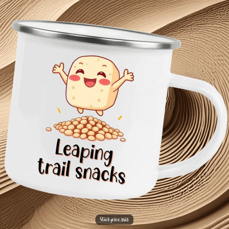 Funny camping mug with a happy sticky rice cake character leaping over beans, ready for outdoor fun and smiles.