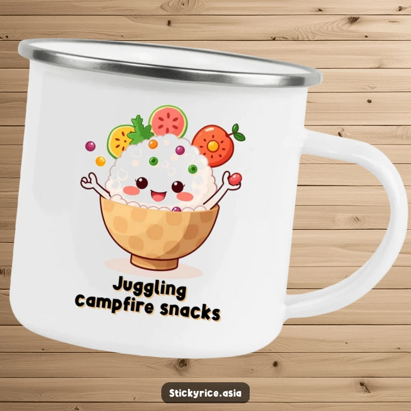 Funny Camping Mug: Jiggly sticky rice bowl with tiny arms juggling colorful fruit, evoking humor and vibrant outdoor fun.