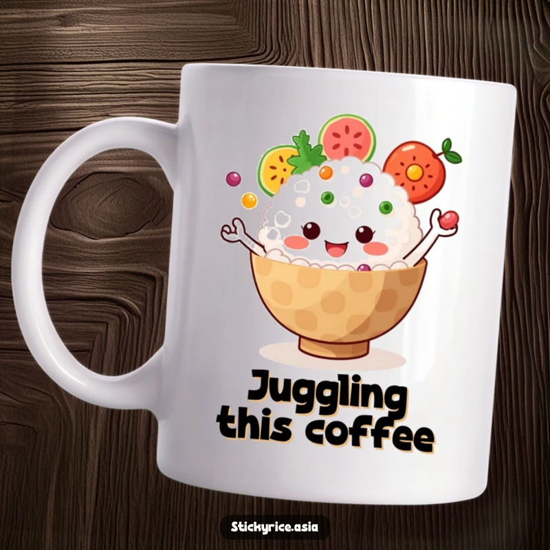 Funny Mug: Jiggly sticky rice bowl with tiny arms juggling colorful fruit, embodying cheerful energy and vibrant fun.