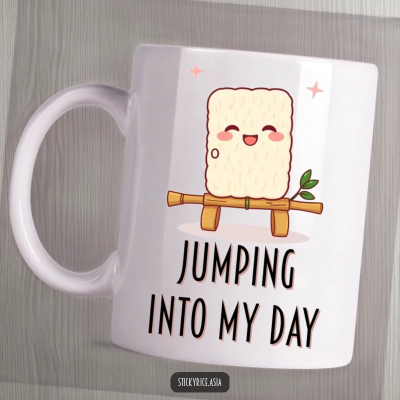 Funny sticky rice square mug, joyfully skipping rope made from a bamboo skewer, radiating happiness and playful energy.