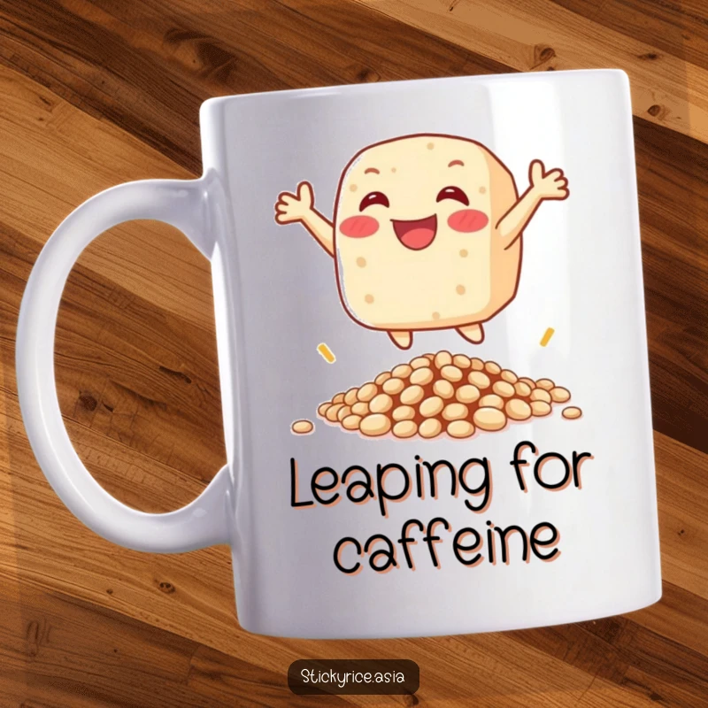 Funny mug of a happy sticky rice cake character gleefully leaping over a small pile of beans, exuding pure joy.
