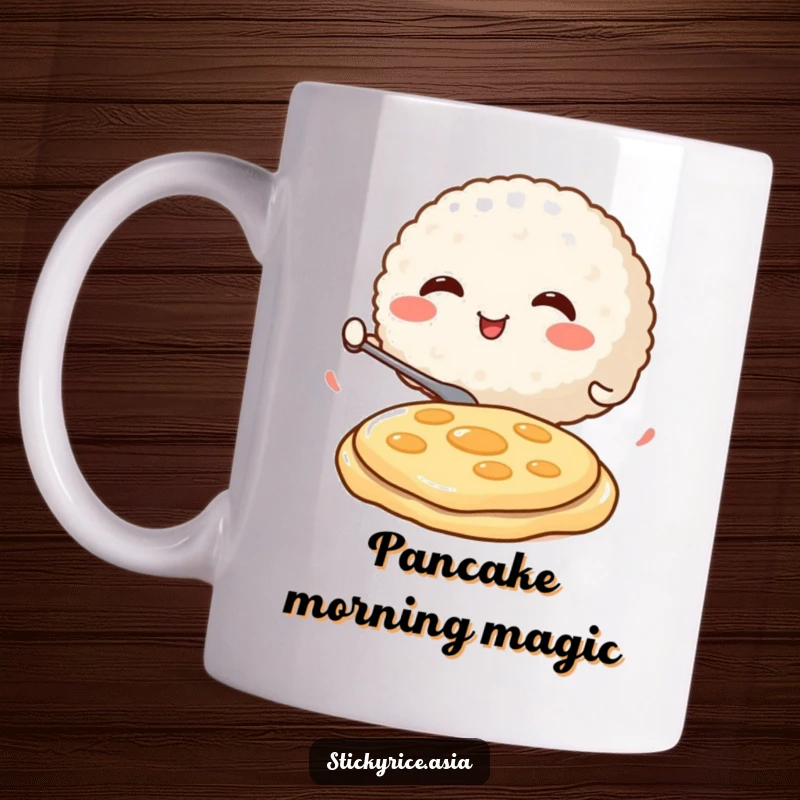 Funny Mug featuring a round, smiling rice ball character enthusiastically flipping a miniature pancake with energy and a happy expression.