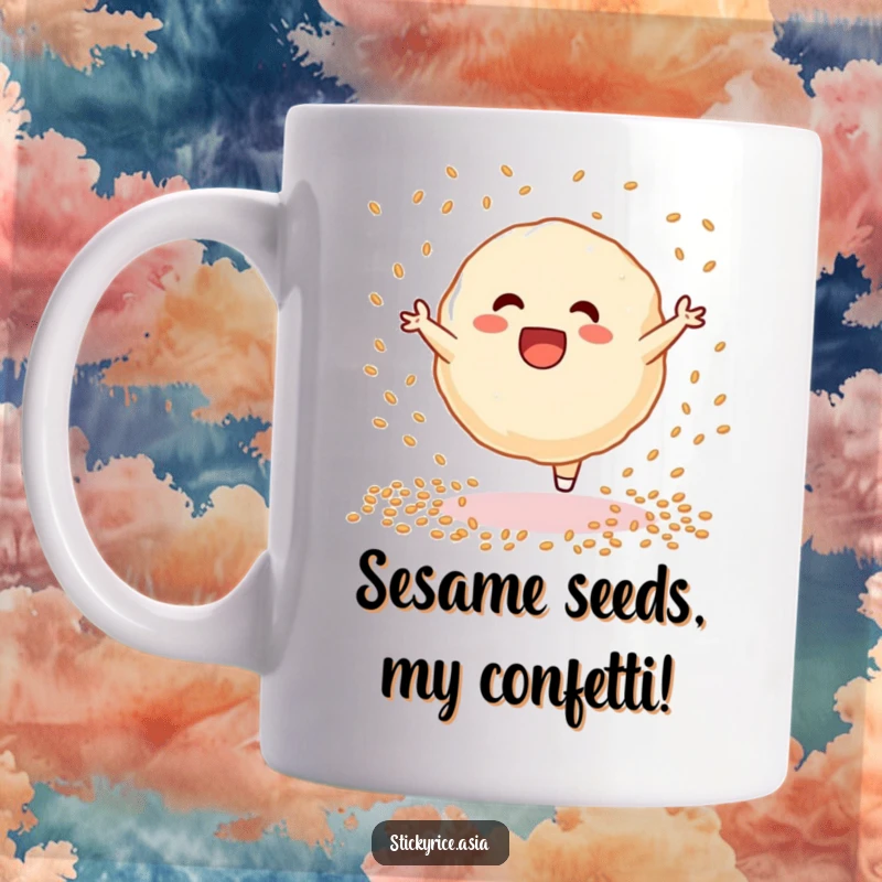 Funny sticky rice dumpling mug, performing a joyful cartwheel surrounded by sesame seeds, conveying pure excitement and zest for life.
