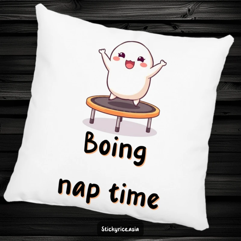 Funny pillow with a cheerful sticky rice dumpling gleefully bouncing on a trampoline, designed for ultimate comfort and laughs.