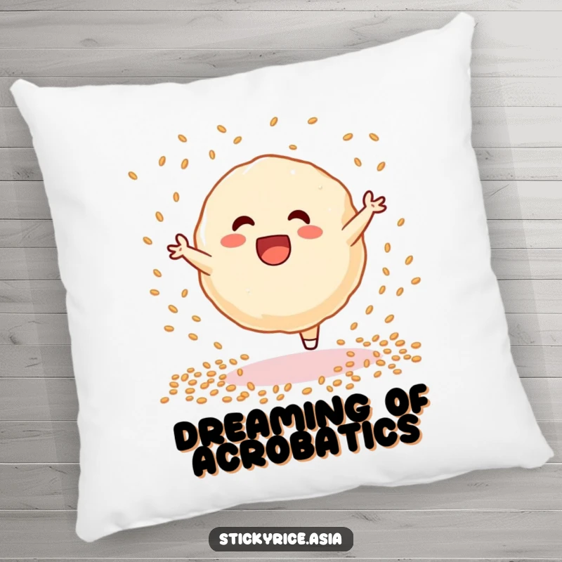 Funny sticky rice dumpling pillow, caught in a dynamic cartwheel with sesame seeds scattered, offering comfort and cheerful vibes.
