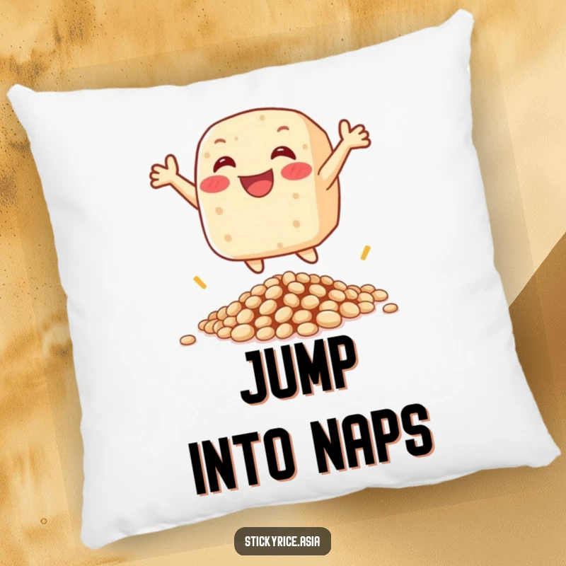 Funny pillow with a happy sticky rice cake character leaping over beans, designed for ultimate comfort and smiles.