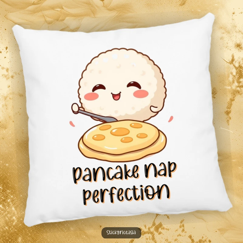 Funny Pillow with a round, smiling rice ball character enthusiastically flipping a miniature pancake, adding a touch of humorous, breakfast comfort.