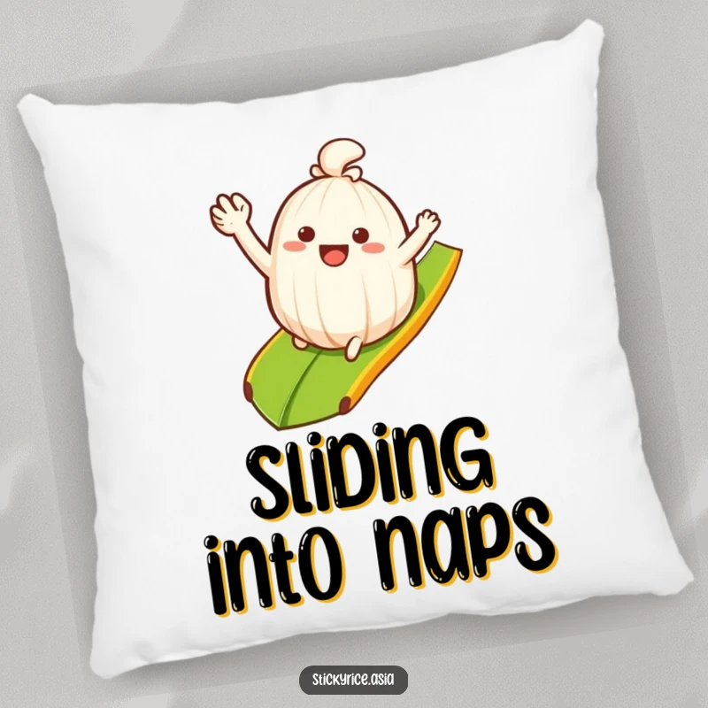 Funny Pillow: Waving sticky rice clump joyfully sliding down a banana leaf ramp, bringing cheerful, smooth humor to home decor.