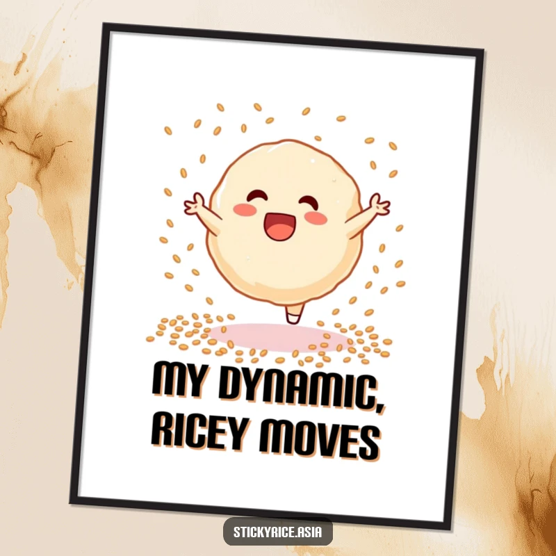 Funny sticky rice dumpling digital art, captured mid-cartwheel surrounded by sesame seeds, bursting with playful energy and comedic appeal.