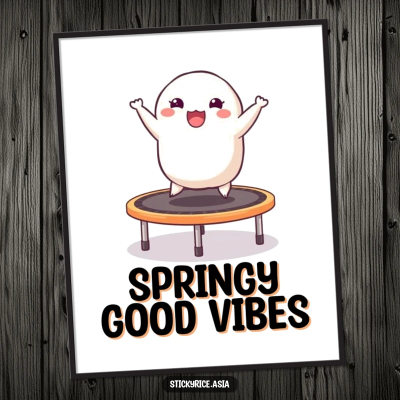 Funny digital art print of a cheerful sticky rice dumpling joyfully bouncing on a trampoline, capturing pure energy and humor.