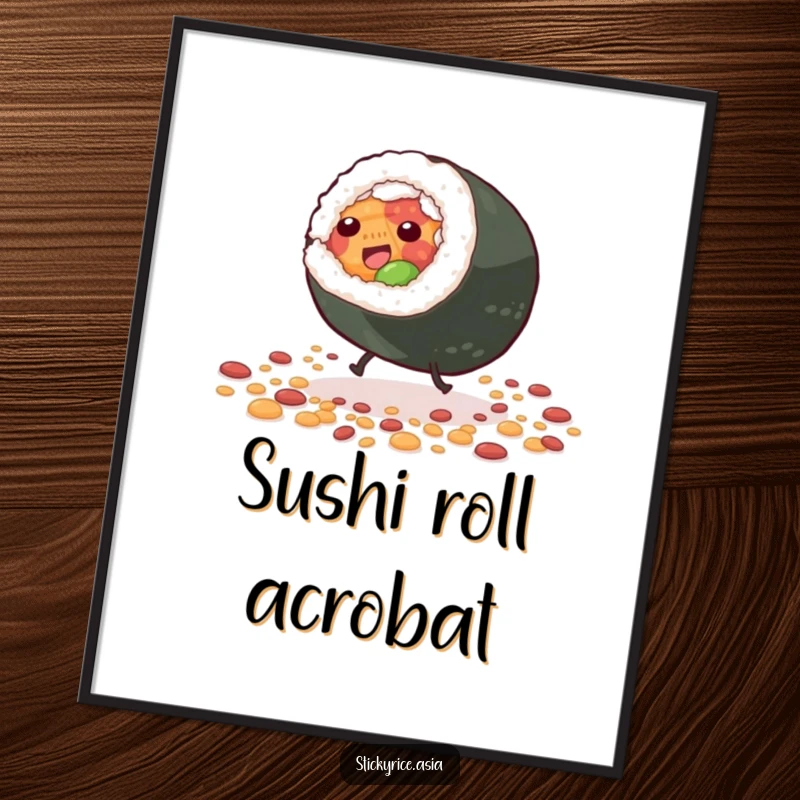 Funny Digital Art Print of a giddy sushi roll character with tiny legs doing a cartwheel amidst scattered grains, capturing a humorous and energetic sushi scene.