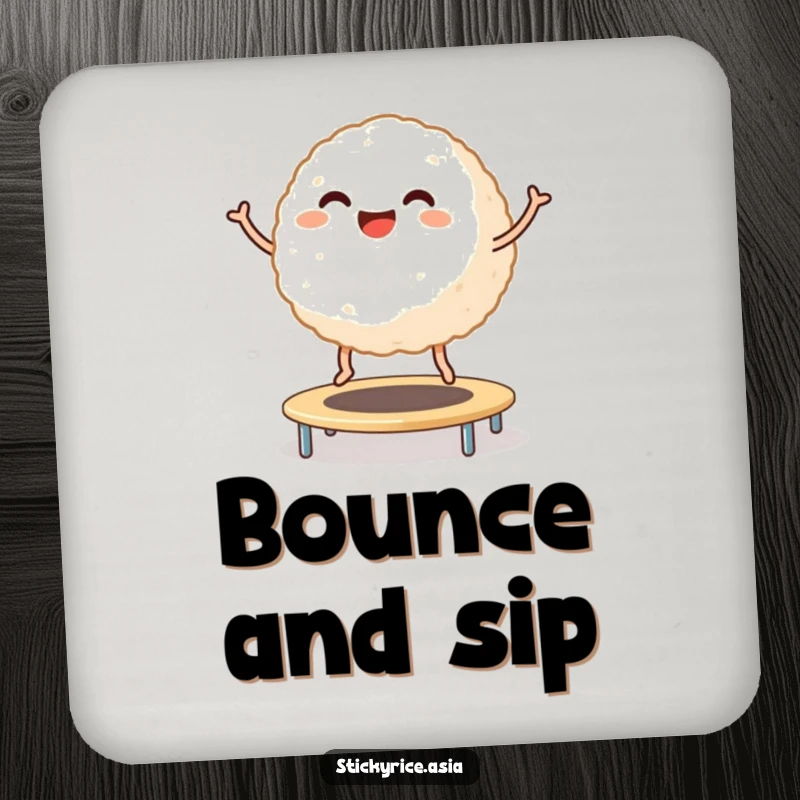 Funny Coaster: Smiling sticky rice ball with tiny legs joyfully bouncing on a trampoline, providing humorous protection and playful art.