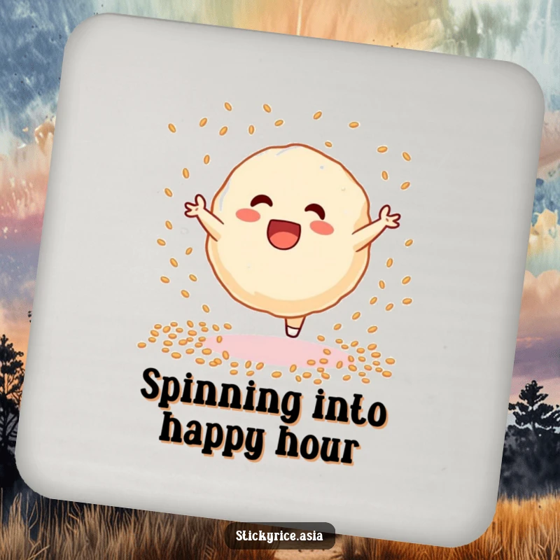 Funny sticky rice dumpling coaster, mid-cartwheel with sesame seeds, a humorous addition to any tabletop protection.