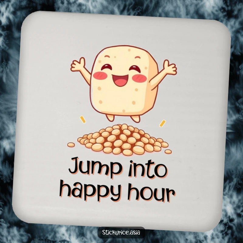 Funny drink coasters featuring a happy sticky rice cake character leaping over beans, protecting surfaces with a smile.