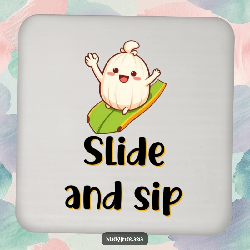 Funny Coaster: Waving sticky rice clump sliding down a banana leaf ramp, providing humorous protection and smooth, fun art.