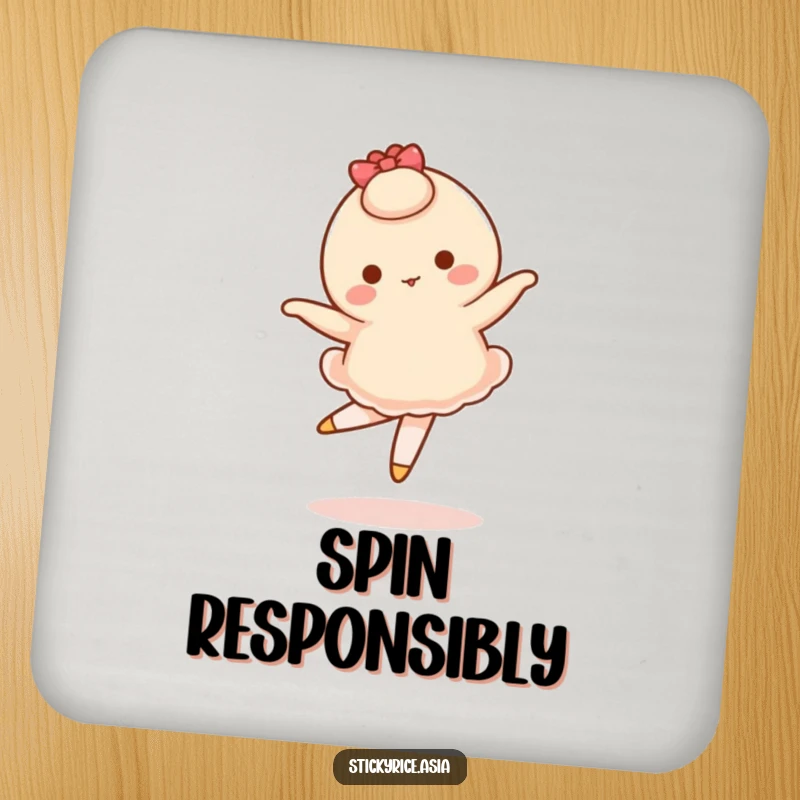 Funny drink coasters featuring a wobbly mochi character attempting a ballet pirouette, protecting surfaces with a smile.