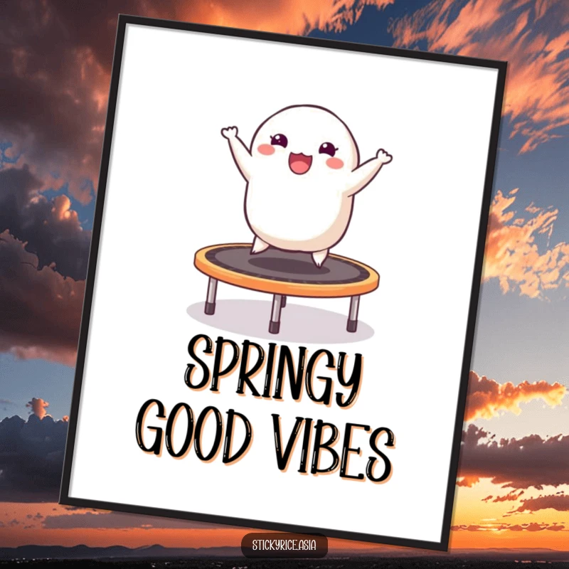 Funny poster of a cheerful sticky rice dumpling enthusiastically bouncing high on a trampoline, showcasing vibrant energy and humor.
