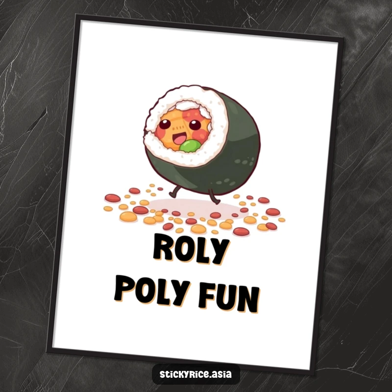 Funny Poster showing a giddy sushi roll character with tiny legs doing a cartwheel amidst scattered grains, capturing a humorous and energetic sushi scene.