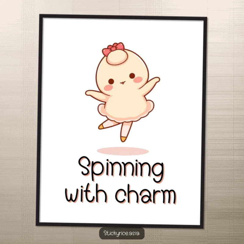 Funny poster of a wobbly mochi character in a ballet pose, showcasing humorous effort and endearing clumsiness.