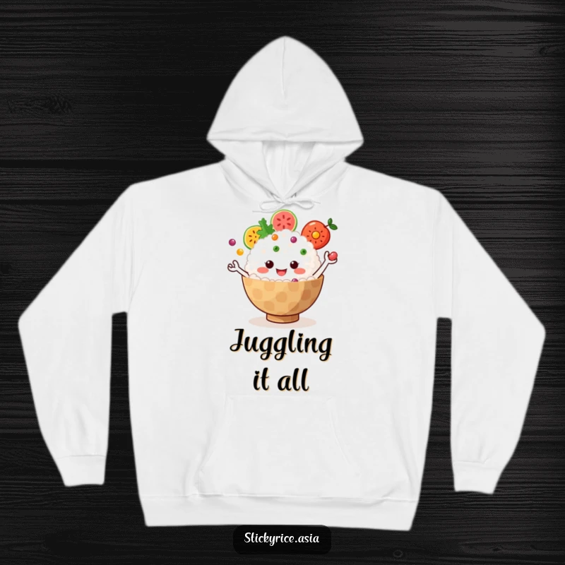 Funny Hoodie: Jiggly sticky rice bowl with tiny arms juggling colorful fruit, offering warmth and hilarious multitasking fun.