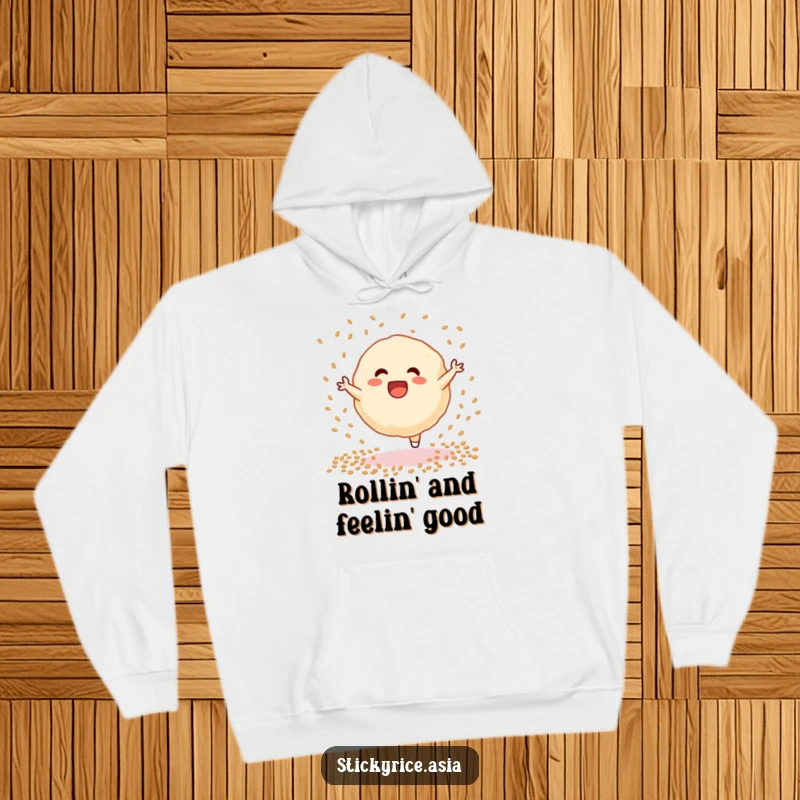 Funny sticky rice dumpling hoodie, captured mid-cartwheel amidst a flurry of sesame seeds, displaying athletic fun and culinary delight.