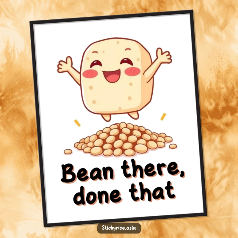 Funny free printable wall art of a happy sticky rice cake character joyfully leaping high over a small pile of beans.