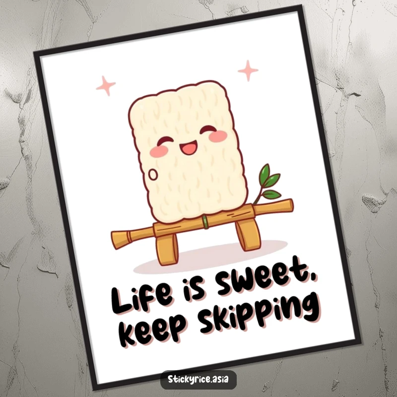 Funny Free Printable Wall Art showcasing a vibrant sticky rice square energetically skipping rope fashioned from a bamboo skewer.