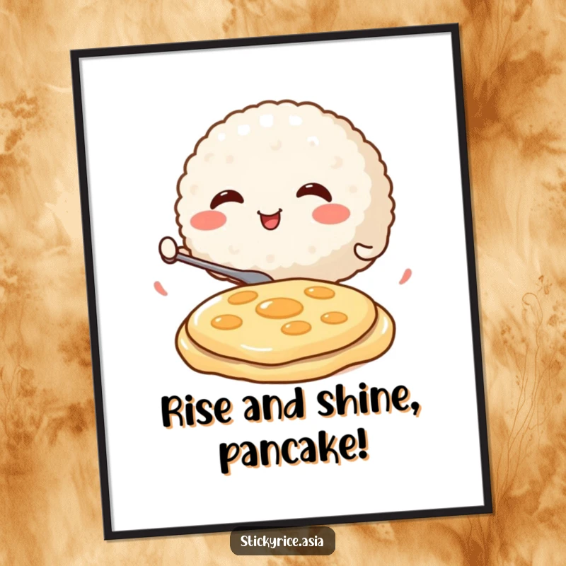 Funny Free Printable Wall Art showcasing a smiling rice ball energetically flipping a miniature pancake, a delightful and humorous art piece.