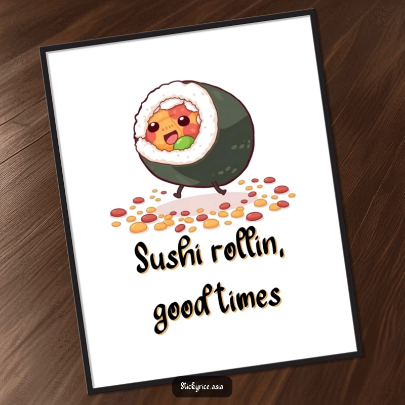 Funny Free Printable Wall Art featuring an ecstatic sushi roll performing a cartwheel with tiny legs amid scattered grains, a whimsical scene.