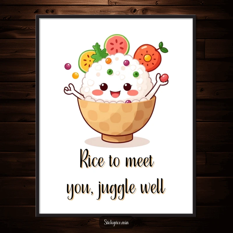 Funny Free Printable Wall Art: Jiggly sticky rice bowl with little arms juggling colorful fruit, a humorous and vibrant decorative piece.