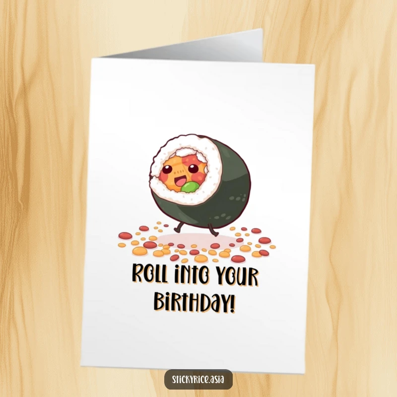 Funny Free Printable Birthday Card featuring a giddy sushi roll performing a cartwheel with tiny legs amidst scattered rice grains.