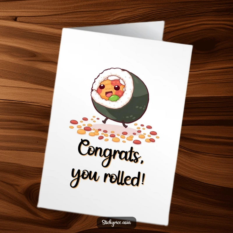 Funny Free Printable Congratulations Card showing a delighted sushi roll energetically doing a cartwheel surrounded by scattered grains.