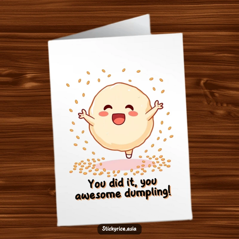 Funny Free Printable Congratulations card showing a happy sticky rice dumpling performing an energetic cartwheel, surrounded by sesame seeds.