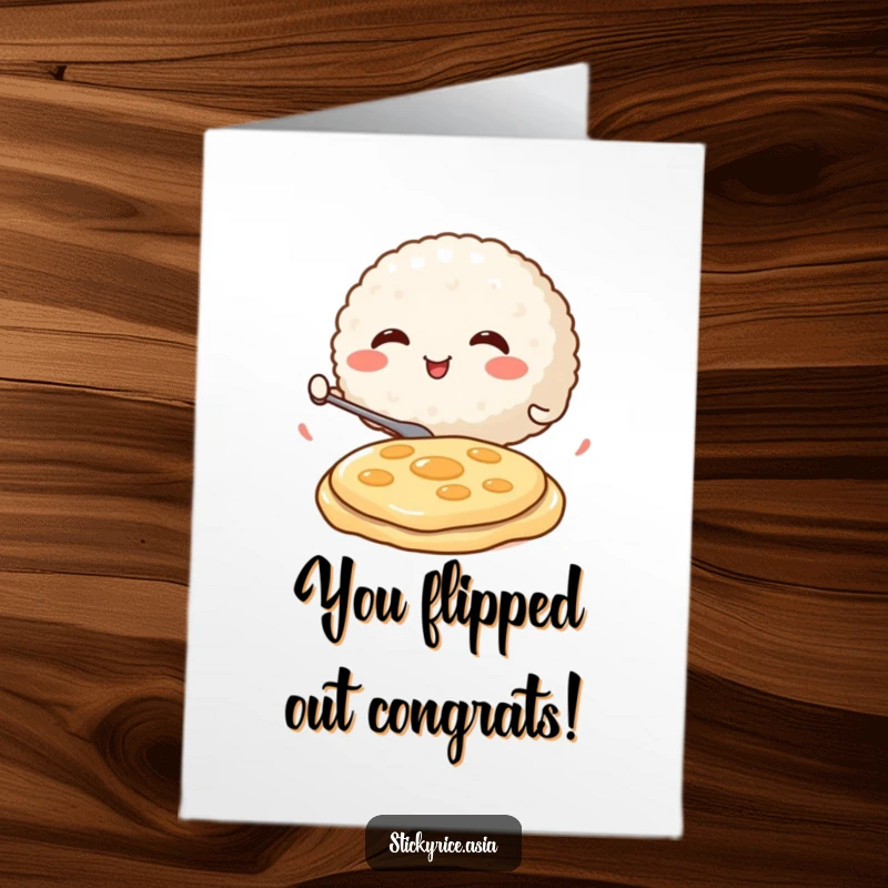 Funny Free Printable Congratulations Card featuring a smiling rice ball executing a perfect miniature pancake flip with great gusto.
