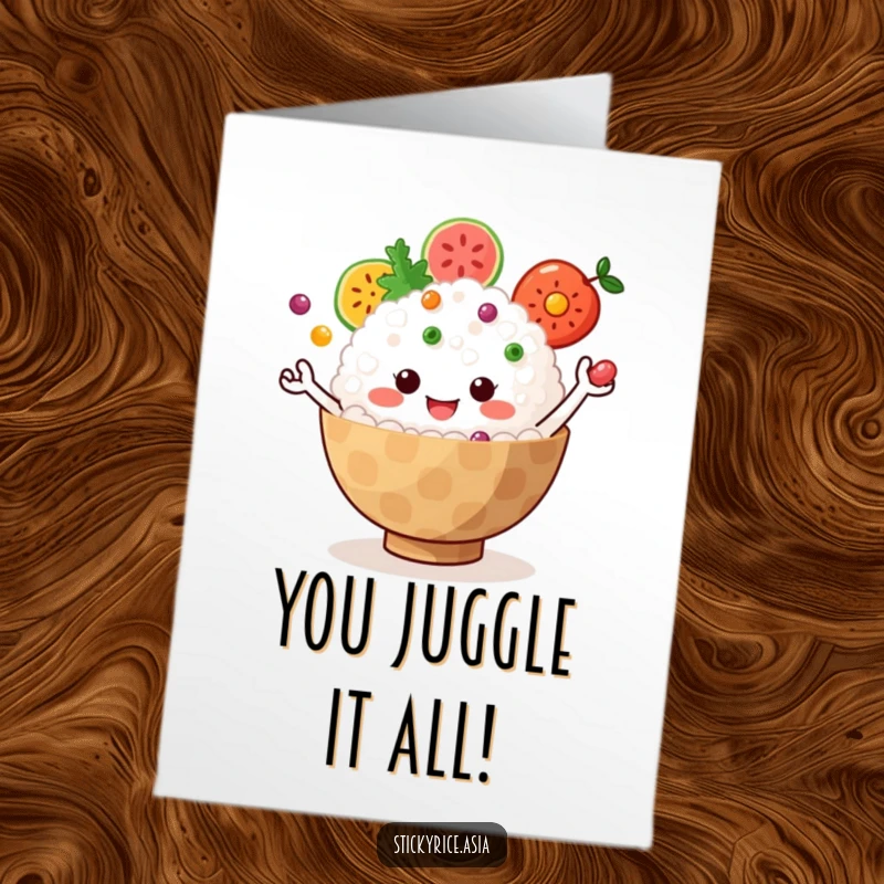 Funny Free Printable Congrats Card: Jiggly sticky rice bowl with little arms juggling colorful fruit, congratulating success with fruity humor.