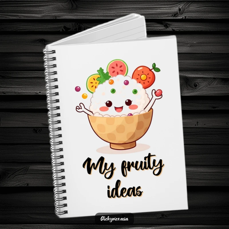 Funny Notebook: Cover features a jiggly sticky rice bowl with tiny arms juggling colorful fruit, promoting fun and vibrant note-taking.