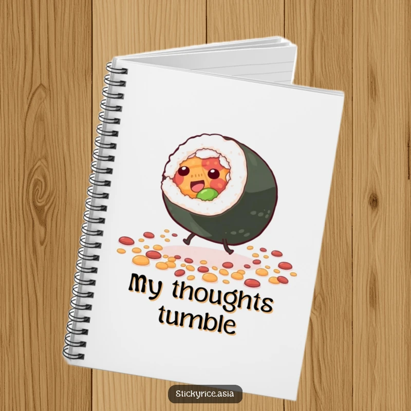 Funny Notebook featuring a giddy sushi roll character with tiny legs doing a cartwheel, ideal for capturing sushi-inspired ideas with humor.