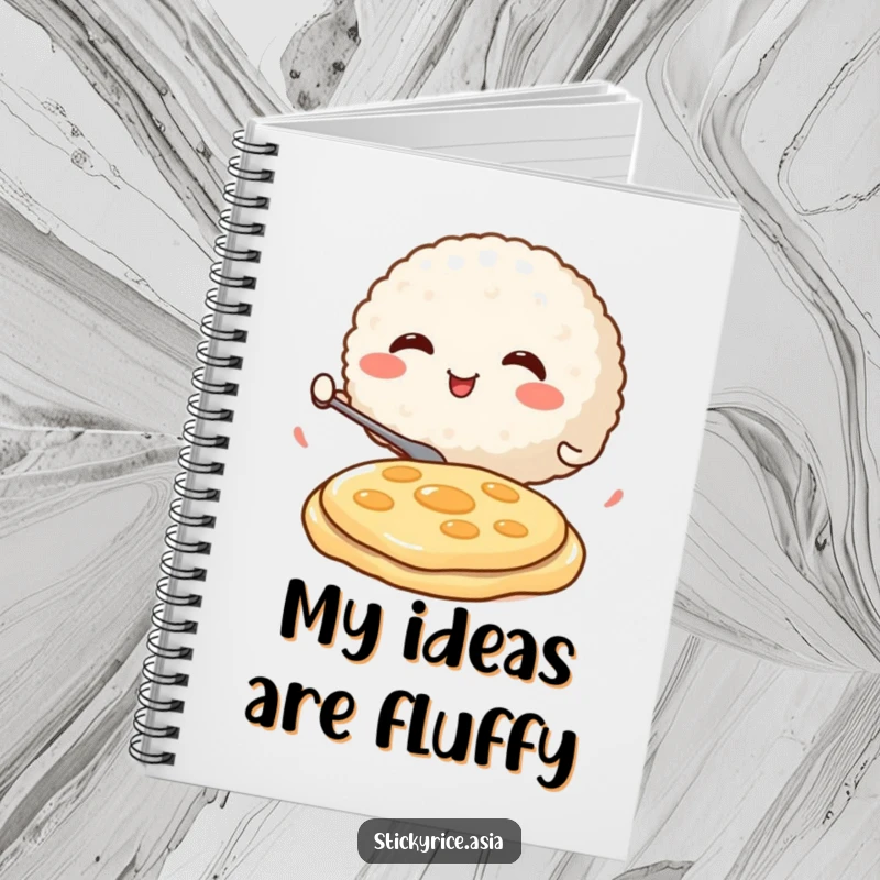 Funny Notebook featuring a round, smiling rice ball character enthusiastically flipping a miniature pancake, ideal for capturing food ideas with humor.