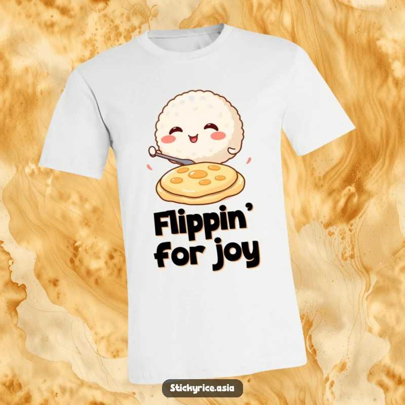 Funny T-Shirt of a round, smiling rice ball character enthusiastically flipping a miniature pancake, showcasing a joyful and energetic culinary spirit.
