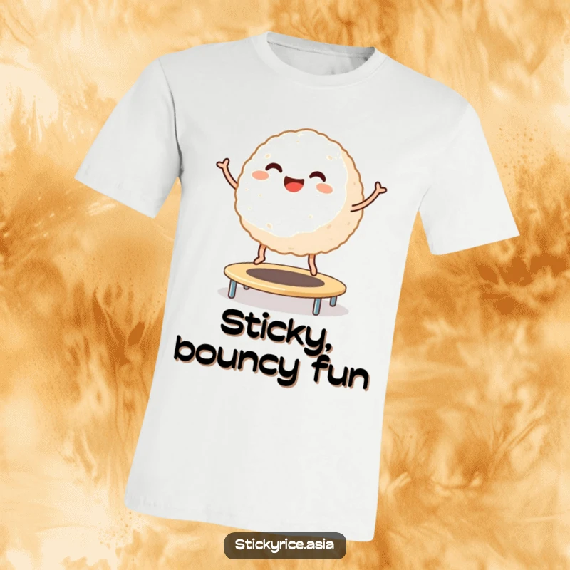 Funny T-Shirt: A happy sticky rice ball with little legs leaping joyfully on a trampoline, representing playful and hilarious energy.