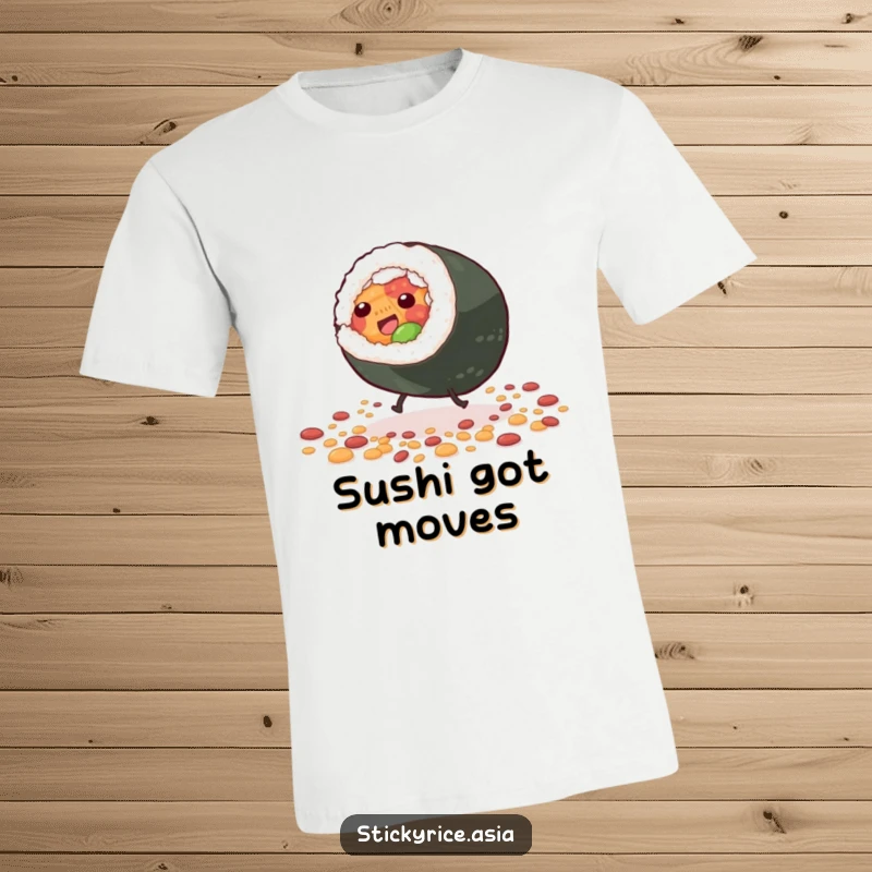 Funny T-Shirt of a giddy sushi roll with tiny legs doing a cartwheel amidst scattered grains, showcasing energetic fun and a love for sushi.