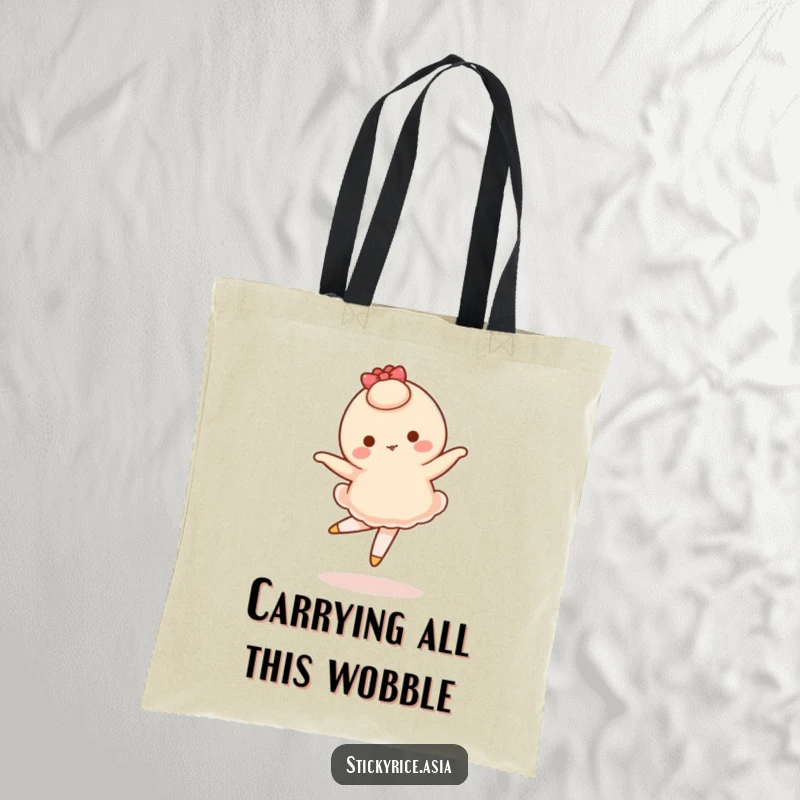 Funny tote bag of a wobbly mochi character attempting a ballet pirouette, perfect for toting essentials with a smile.