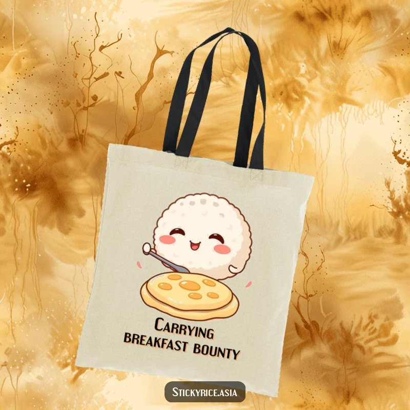 Funny Tote Bag depicting a round, smiling rice ball character enthusiastically flipping a miniature pancake, perfect for carrying essentials with a humorous flair.