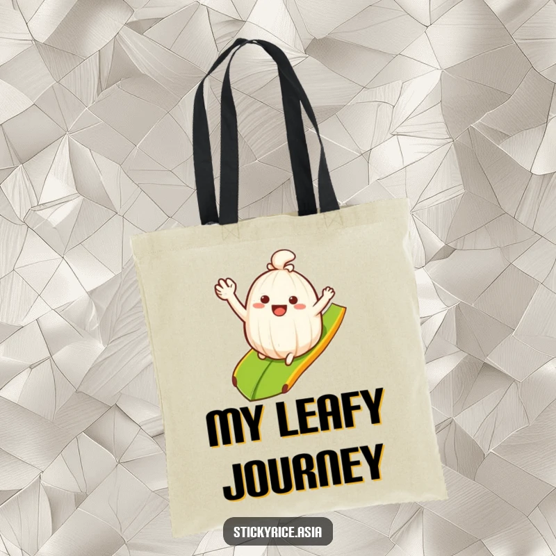 Funny Tote Bag: Waving sticky rice clump sliding down a banana leaf ramp, showcasing playful humor and easy-going vibes.
