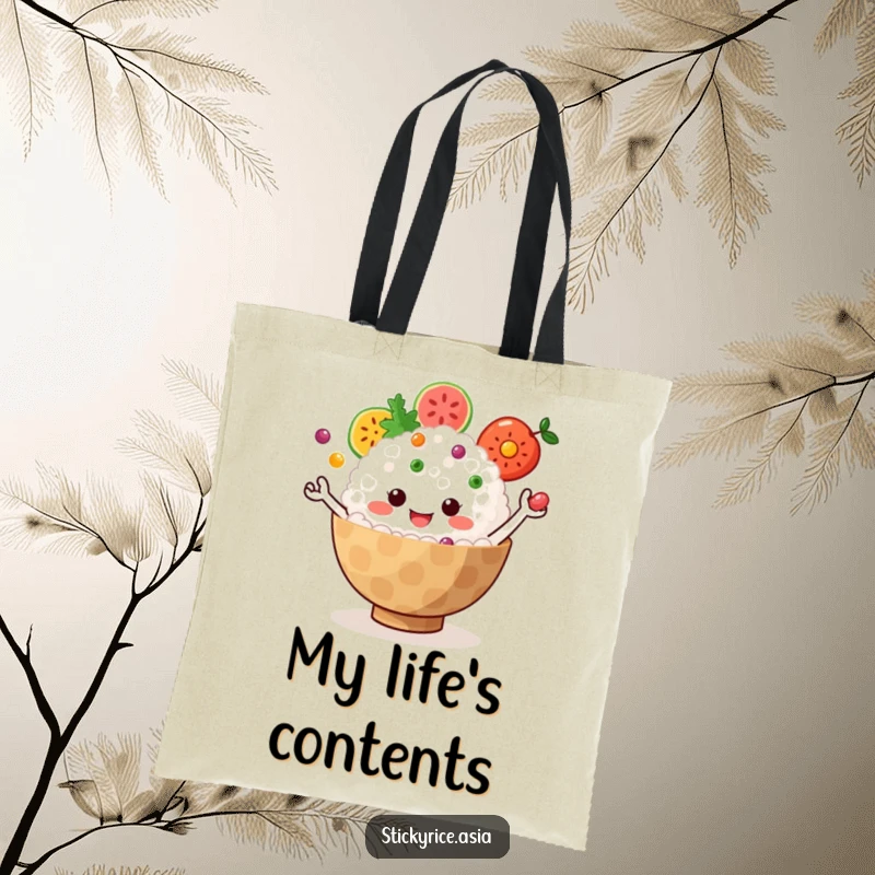 Funny Tote Bag: Jiggly sticky rice bowl with little arms juggling colorful fruit, showcasing playful humor and vibrant energy.